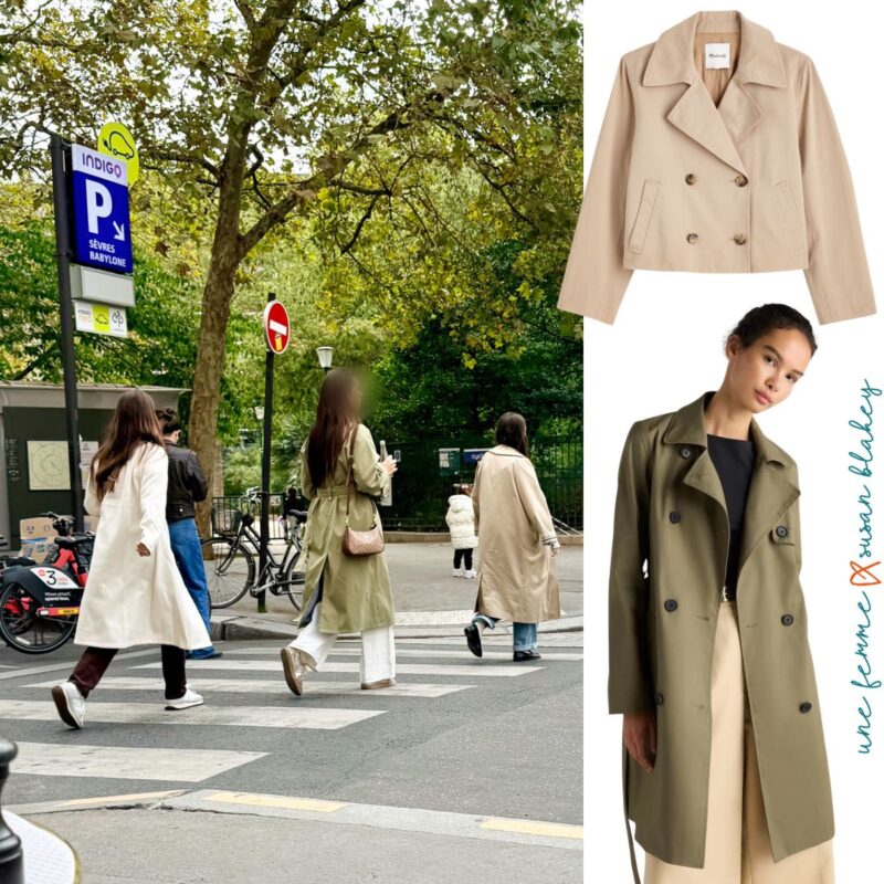 Three people wearing cream, olive, and beige trench coats on a Paris street, alongside product images of a cropped beige trench jacket and a long olive trench coat.