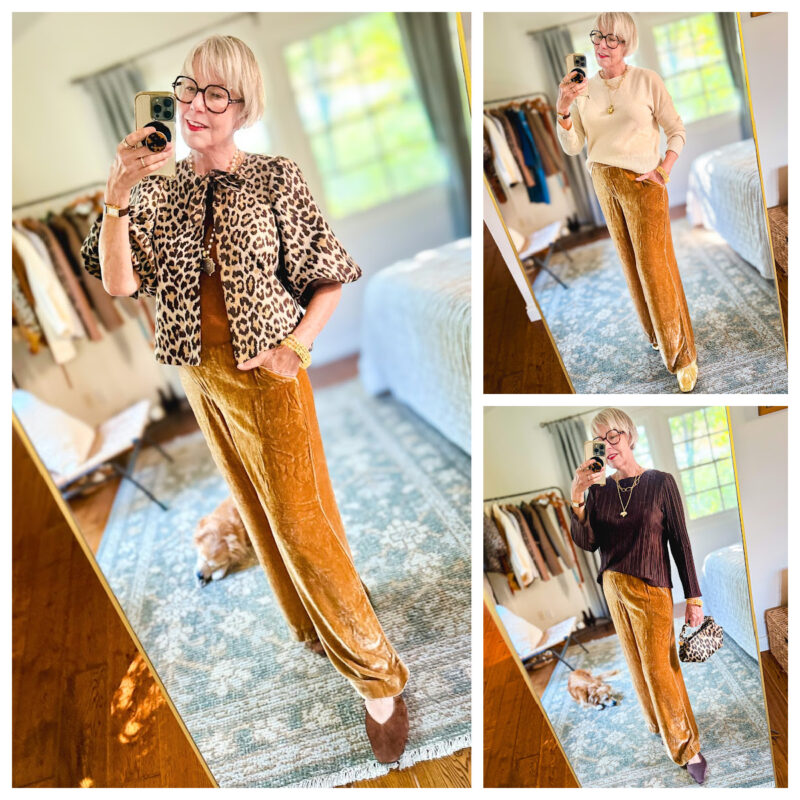 Collage of Susan styling gold velvet pants three ways: with a leopard-print jacket, a cream sweater, and a dark pleated top.